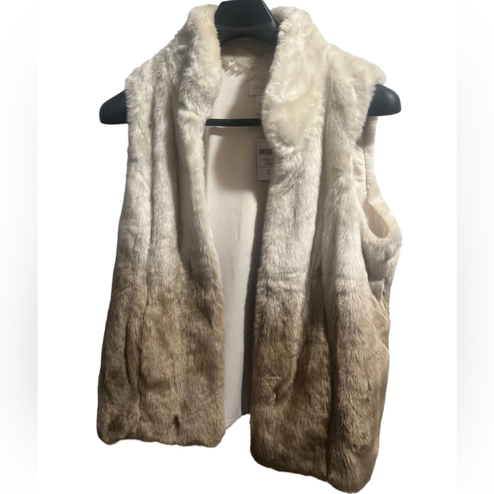 NWT Chicos White Brown Faux Fur Vest Fully Lined Open Front Coat Size 2